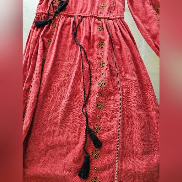 Zara TRF Boho Maxi Dress Red Embroidered Long Sleeve Peasant Ethnic Festival M - Picture 12 of 16